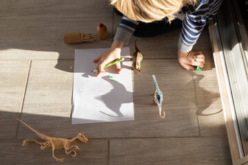 child draws with a pencil on paper contrasting interesting shadows from a toy dinosaur figure....