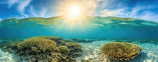 Underwater view of tropical coral reef with fishes and corals. Beautiful marine life, abstract natural background, gorgeous coral garden underwater, tropical. beauty of wild natu - obrazy, fototapety, plakaty