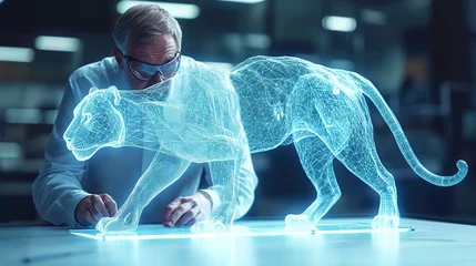 Rucksack man looking at a 3D hologram of a big cat, probably a panther or a leopard, on a high-tech table in a dark room © weerasak
