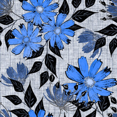 Seamless colorful retro floral pattern. Blue flowers on a grey textured background. - 707929903