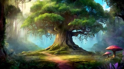 A beautiful fairytale enchanted forest with big trees and great vegetation. Digital painting background