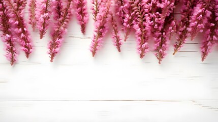 Beautiful pink flower heather frame (calluna vulgaris, erica, ling) on white rustic background top view.