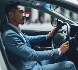 a happy stylish asian man in light blue suit is driving white car, Sale transport concept.