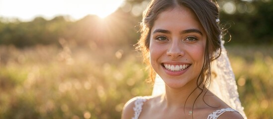 Portrait of a beautiful young brunette bride in the field at sunset, smiling. - obrazy, fototapety, plakaty