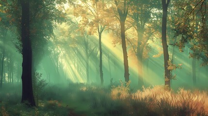 A misty forest landscape composed of soft washes of emerald, ochre, and lavender, dappled with...