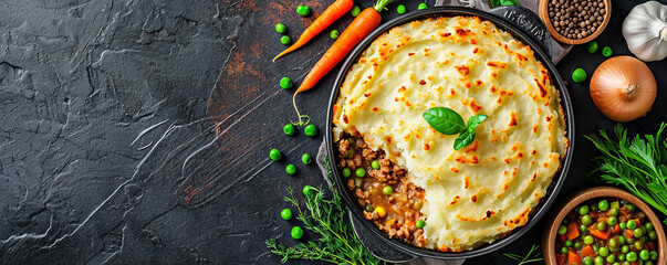 Shepherd's Pie: Ground lamb or beef, mashed potatoes, peas, carrots and onions. - obrazy, fototapety, plakaty