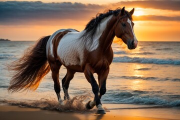 Horses playing on the beach at sunset