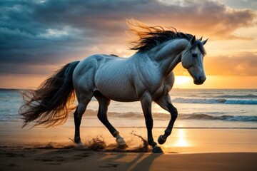 Obraz na płótnie Canvas Horses playing on the beach at sunset