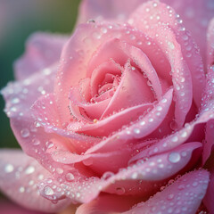Macro shot of a pink rose with delicate dewdrops adorning its petals