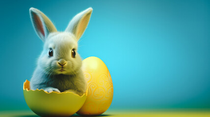 Fototapeta na wymiar Easter bunny with a yellow dyed egg on a blue background. Easter holiday concept.