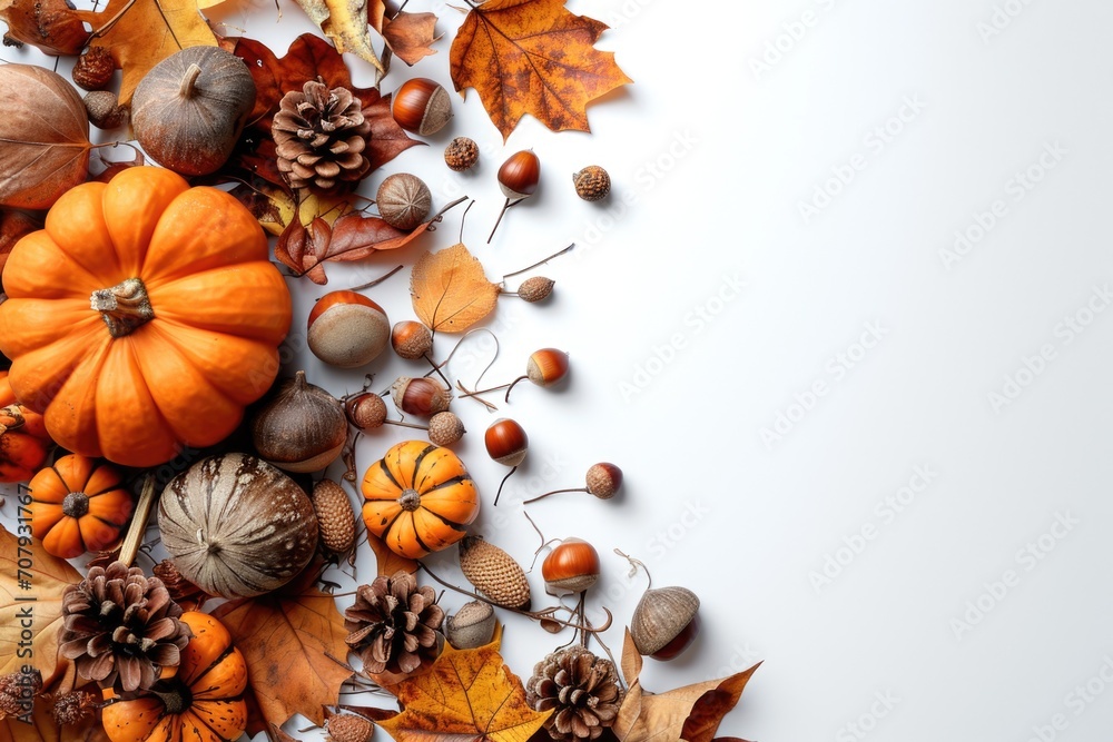 Poster a collection of pumpkins, nuts, and leaves arranged on a white surface. this versatile image can be 