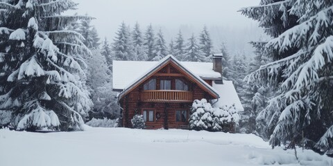 A cozy cabin nestled in the middle of a snowy forest. Perfect for winter getaways and nature retreats