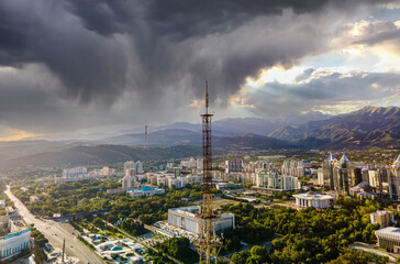 An urban landscape from a height. Aerial photography of the city of Almaty. The historical and...