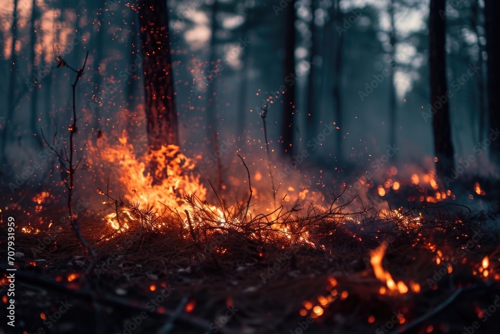 Poster a picture of a fire burning in the middle of a forest. suitable for illustrating forest fires or the