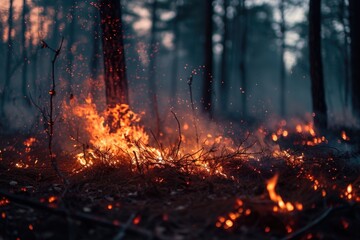 A picture of a fire burning in the middle of a forest. Suitable for illustrating forest fires or the destructive power of nature - obrazy, fototapety, plakaty