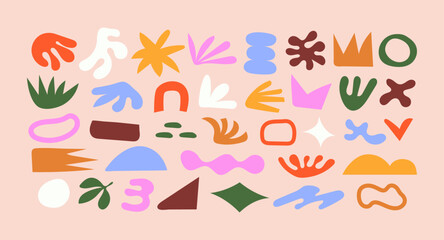 Set of organic abstract doodle elements. Colorful flat vector illustrations. Hand drawn naive shapes collection.