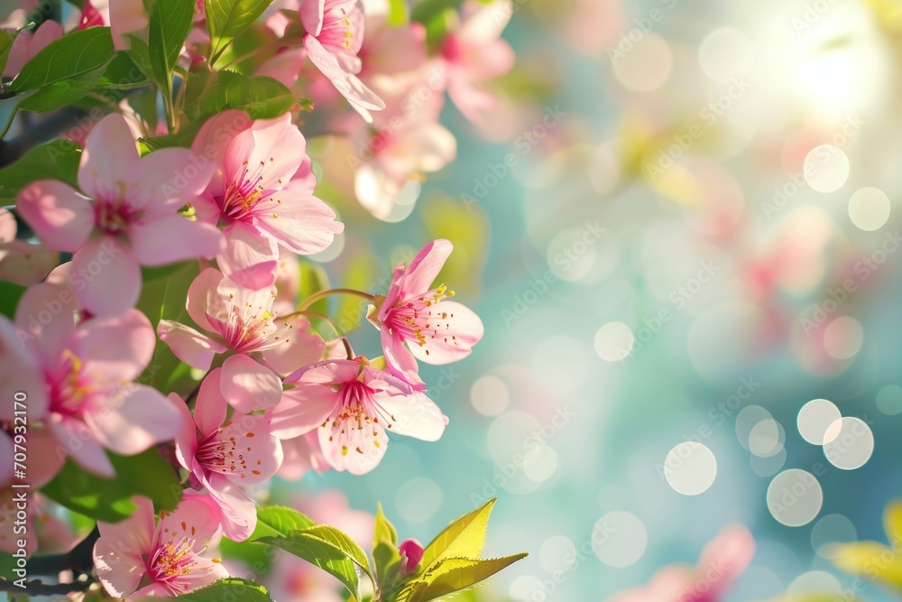 Poster A close-up view of a bunch of flowers growing on a tree. This image captures the beauty of nature in a vibrant and colorful display. Perfect for adding a touch of freshness to any design or project