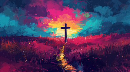 A vibrant, colorful depiction of a wooden cross at the end of an old road, set against a dynamic, painted sky, evoking a sense of guidance and spiritual journey. - obrazy, fototapety, plakaty