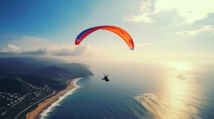 Parachutists fly over the sea with their parachutes - Powered by Adobe