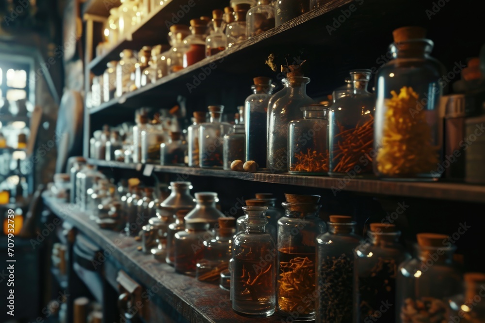 Poster a shelf filled with numerous glass jars. ideal for storing various items.