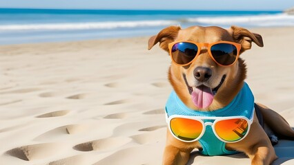 Fototapeta na wymiar Dog wearing sunglasses at the beach.