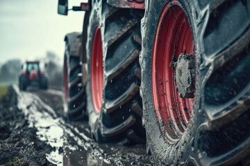 A detailed view of a tractor tire covered in mud. Perfect for agricultural and industrial themes