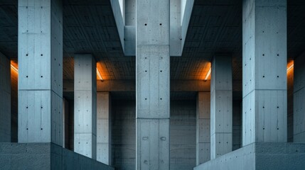 Symmetrical view of modern architecture with concrete pillars and warm lighting. - obrazy, fototapety, plakaty
