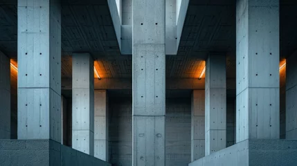 Fotobehang Symmetrical view of modern architecture with concrete pillars and warm lighting. © maniacvector
