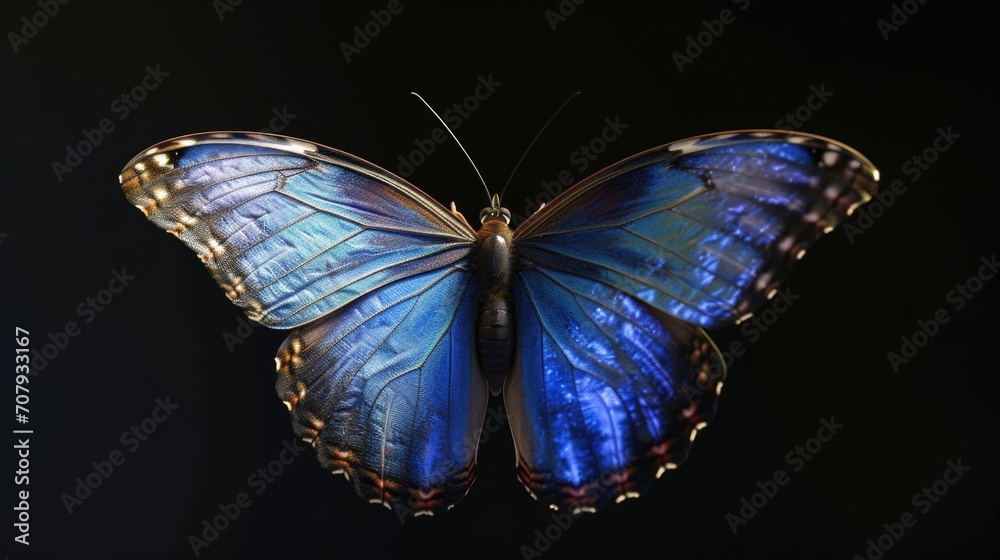 Poster a beautiful blue and black butterfly captured on a black background. perfect for nature enthusiasts 