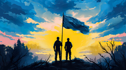 silhouette of men establishing flag at field, people set flag symbol silhouette