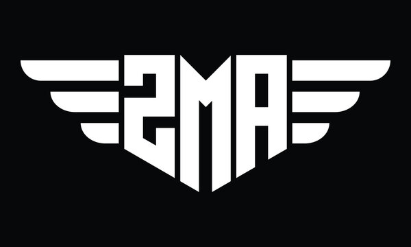 ZMA three letter logo, creative wings shape logo design vector template. letter mark, word mark, monogram symbol on black & white.	