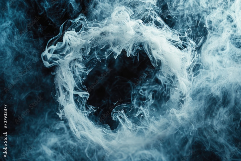 Poster A black and white photo capturing a mesmerizing circle of smoke. This image can add a touch of mystique and intrigue to various projects