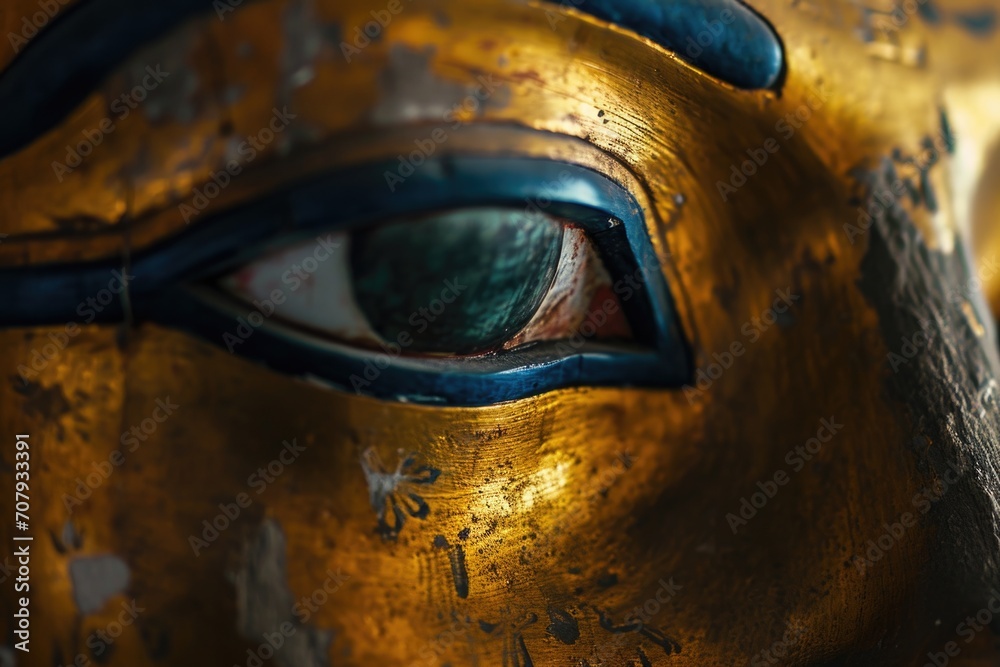Poster A close-up view of a gold statue featuring a captivating green eye. This image can be used to add a touch of elegance and mystery to various projects