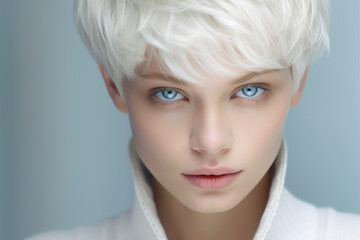 Close-up portrait of a very beautiful non binary androgynous child with light blue eyes and short white blonde hair, wearing a white sweater top - isolated, blue background - obrazy, fototapety, plakaty