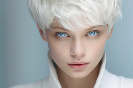 Close-up portrait of a very beautiful non binary androgynous child with light blue eyes and short white blonde hair, wearing a white sweater top - isolated, blue background