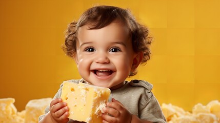 A sweet tiny infant on a yellow backdrop consuming a slice of salty cheese, Generative AI. - obrazy, fototapety, plakaty