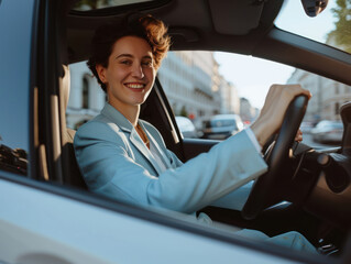 Fototapeta na wymiar a happy stylish short-haired woman in light blue suit is driving white car. Portrait of happy female driver steering car with safety belt.