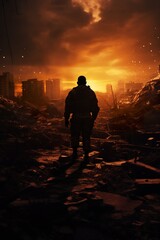 Fototapeta premium silhouette of soldier standing on devastated land after battle, military infantry warrior on battlefield on ruined city background, conflict zone concept