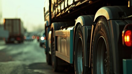 A large truck is seen driving down a street next to a traffic light. This image can be used to depict urban transportation or city life - obrazy, fototapety, plakaty
