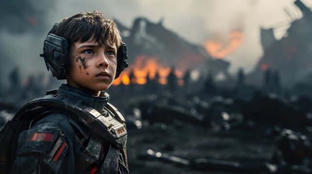 little soldier kid on ruined city background, young boy warrior in demolished building at war