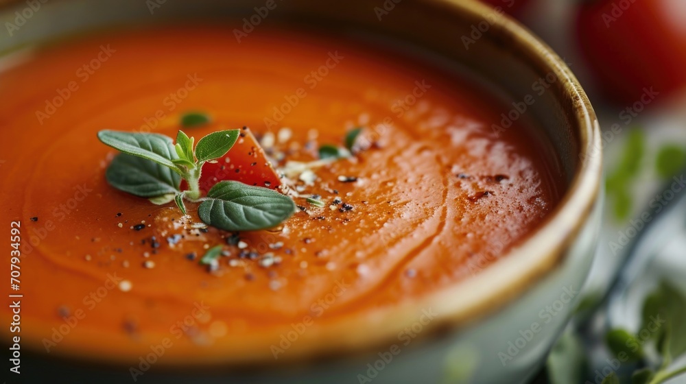 Canvas Prints A bowl of soup with a garnish on top. Perfect for food-related projects and recipes