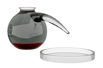 Chemical laboratory ware on transparent background. Retort flask with Petri dish. 3d render