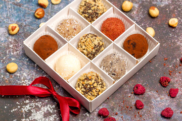 Assorted candies in a box. Christmas atmosphere. Top view