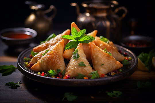 Samosas or pancakes filled with a mixture of minced meat, vegetables and spices. Ramadan holiday