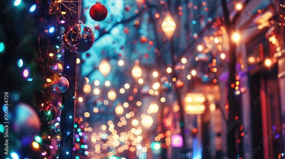 Poster A vibrant street illuminated by an array of colorful Christmas lights. Perfect for adding a touch of holiday cheer to any project or design