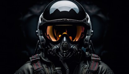 closeup portrait of dark futuristic air fighter pilot in helmet with glasses, fiction and sci-fi aircraft warrior