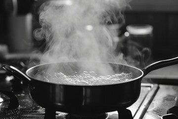 A picture of a frying pan on a stove with steam rising out of it. This image can be used to depict...