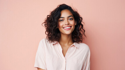 Portrait of a smiling young woman with curly hair on a pink background