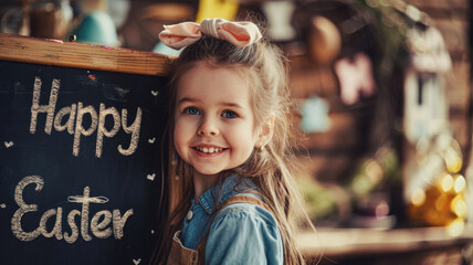 Fototapeta premium A girl stands in front of a blackboard with the inscription 