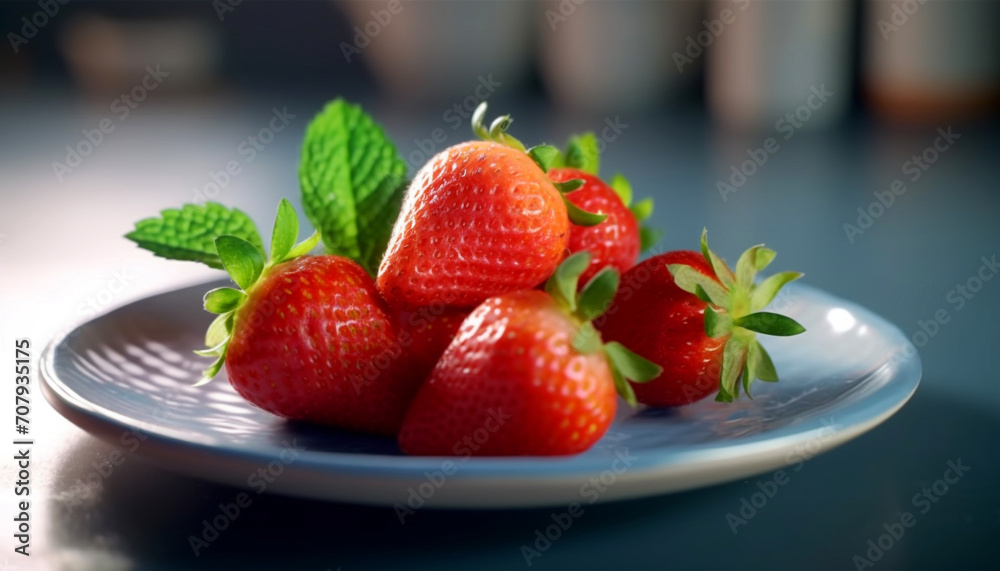 Poster Freshness and sweetness of ripe strawberry, a healthy gourmet dessert generated by AI